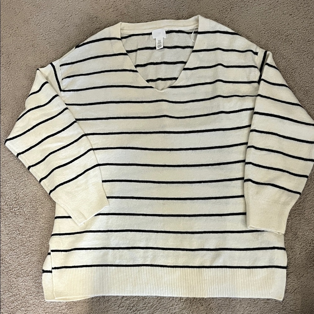 Striped V-Neck Sweater - Cream and Black